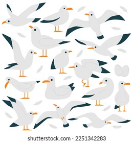 Seagull birds flat icons set. Cute cartoon wild birds with short legs, long wings, and white and grey feathers. Leaving near sea. Seabirds. Color isolated illustrations