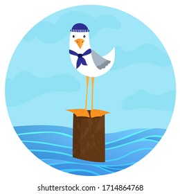 A seagull in a cap and a neck scarf sits on a wooden post in the sea. Vector illustration.