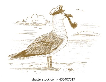 Seagull captain drawn by hand