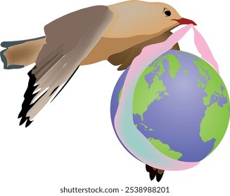 Gaivota carregando globo terrestre com fita rosa simbolizando a conservação ambiental e a responsabilidade global