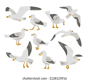 Caricatura de gaviota de carácter gráfico ilustraciones vectoriales planas conjunto. Gaviotas cómicas, pájaros atlánticos con plumas blancas y pies amarillos para el paisaje marítimo, playero o portuario. Naturaleza, animales, concepto de vida salvaje