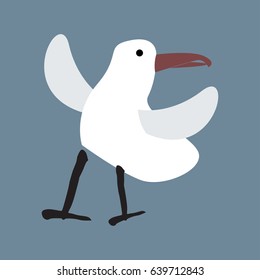 Seagull cartoon. Flat white seabird. Single on a blue background. Isolated.