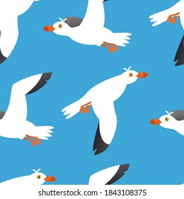 Seagull cartoon illustration pattern. Atlantic seabirds, seagulls fly in the blue sky. Sea, ocean, seagull, bird set. Big package oceanul isolated on sky background. Vector illustration
