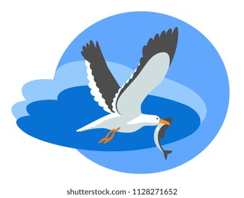 Seagull caught a fish on cloud blue background. Vector ilustration.