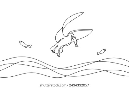 A seagull caught a fish in the water. Sea bird hunting for food in the sea. Vector illustration. Images produced without the use of any form of AI software at any stage.