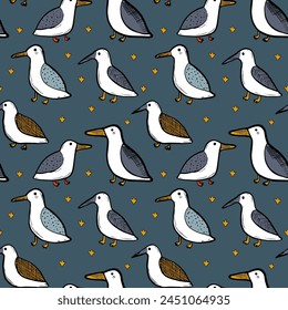 Seagull celestial bird minimalist artistic fashionable doodle boho modern vector seamless pattern