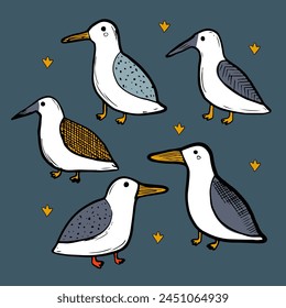 Seagull celestial bird minimalist artistic fashionable doodle boho modern vector seamless pattern