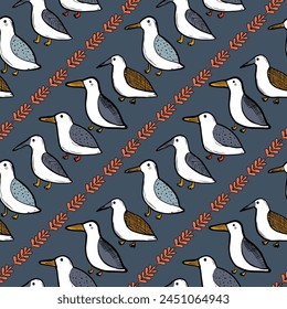 Seagull celestial bird minimalist artistic fashionable doodle boho modern vector seamless pattern