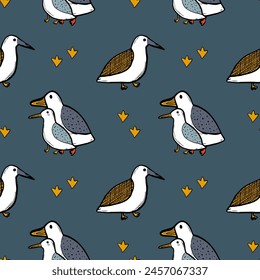 Seagull celestial bird minimalist artistic fashionable doodle boho modern vector seamless pattern