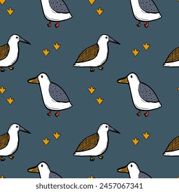 Seagull celestial bird minimalist artistic fashionable doodle boho modern vector seamless pattern