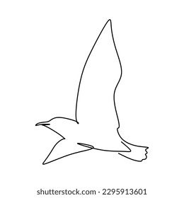 Seagull continuous line drawing in outline style isolated on white background. Bird symbol vector illustration.