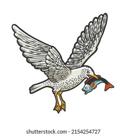 Seagull cormorant with fish in its beak color sketch engraving vector illustration. T-shirt apparel print design. Scratch board imitation. Black and white hand drawn image.
