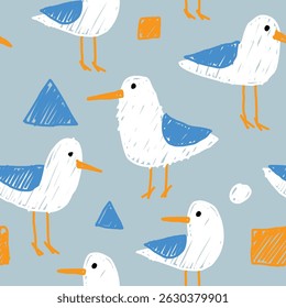 seagull doodle vector with blue background