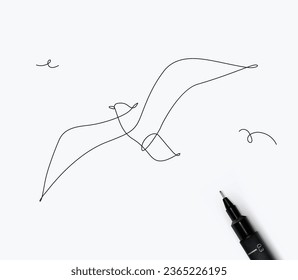 Seagull drawing in minimalism style pen line style on white background