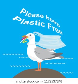 Seagull eating plastic straws with plastic bag necklace. "Plastic pollution" Vector illustation