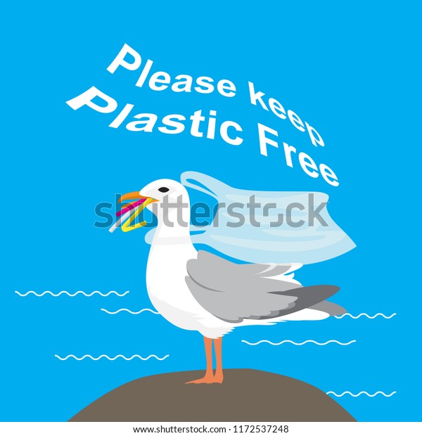 ビニール袋のネックレスをしたストローを食べるカモメ プラスチック汚染 ベクターイラスト のベクター画像素材 ロイヤリティフリー