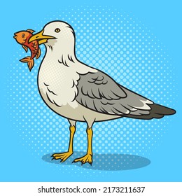 Gaviota con peces en su arte pop de pico retro ilustración vectorial. La imitación al estilo de un libro de historietas.