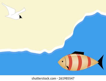 Seagull and fish on yellow-blue background, vector illustration