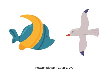 Seagull and Fish as Travel and Tourist Attribute Vector Set