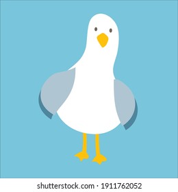 Seagull, flat vector illustration, Cute simple pattern with childish stylized nautical seafowl. Sticker, Doodle. Modern, Isolated white bird with grey wings on a light blue background