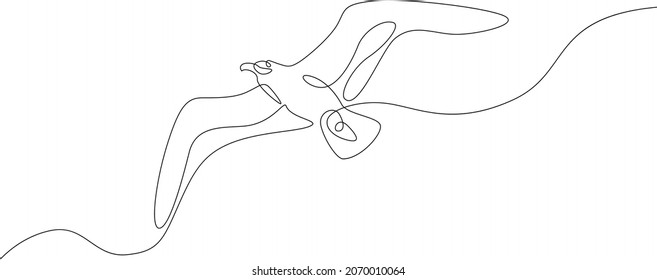 Seagull Flies In The Sky.Set Of Sea Ocean Elements.One Continuous Line .One Continuous Drawing Line Logo Isolated Minimal Illustration.