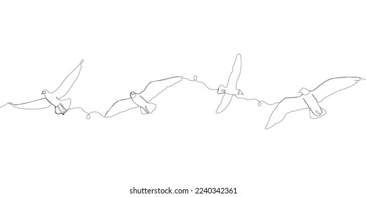 Seagull flies in the sky. Set of sea ocean elements. One continuous line . One continuous drawing line logo isolated minimal illustration