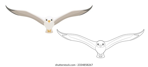 Seagull flies spreading its wings. Front view. Outline picture for coloring. Bird in flight isolated on a white background. Soaring seabird silhouette. Vector simple icons.