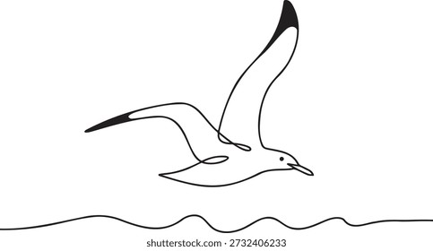 Arte de línea continua de vuelo de gaviota. Silueta de pájaro minimalista que se eleva sobre las ondas del agua del mar para el tema de la playa y el concepto de vacaciones. Vector náutico de un solo trazo para proyectos de amantes de la naturaleza.