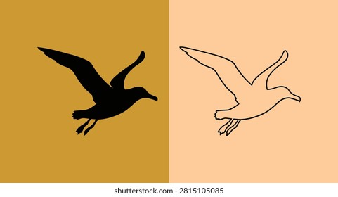 Seagull in flight silhouette and outline drawing study with silhouette, contrast