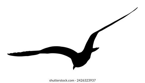 Ilustración de la silueta del vector de la mosca de la gaviota aislada sobre fondo blanco. Las alas se extienden. Gaviota mosca en forma de ave. Símbolo de libertad. Cazador de peces volando.