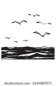 Gaviota volando sobre las olas, ilustración de aves marinas