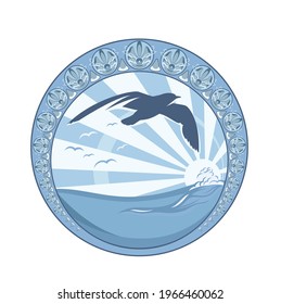 seagull flying against sun rays over sea wave - aquatic wildlife circle vector emblem design