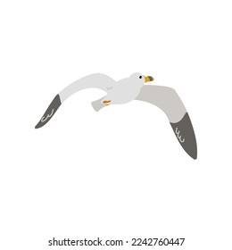 Seagull flying cartoon character flat vector illustration. Cute comic gull, Atlantic bird. Nature, animals, wildlife concept
