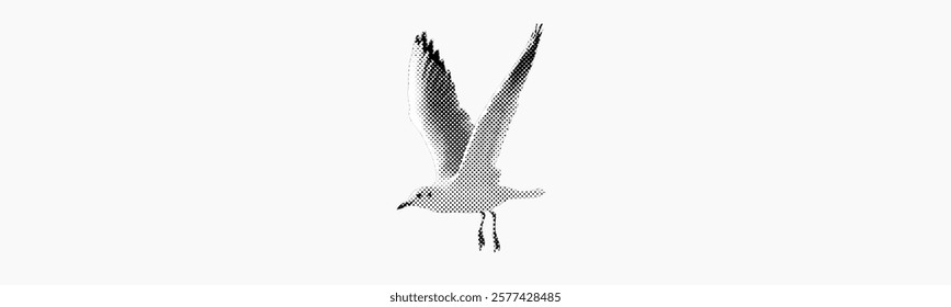 seagull flying isolated on white background retro grunge halftone dotted vintage cut-out black dots collage element for mixed media design sea bird with spread wings