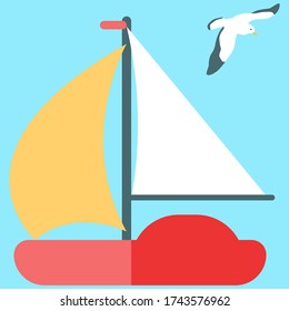 Seagull flying on blue backdrop. Red sailboat floating for invitation or gift card, sailing club logo, notebook sticker, bath tile. Phone case or cloth print art. Flat style stock vector illustration