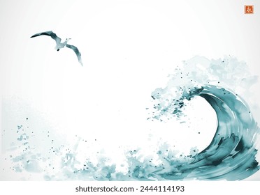 Seagull flying over a blue stylized wave.Traditional oriental ink painting sumi-e, u-sin, go-hua. Translation of hieroglyph - eternity