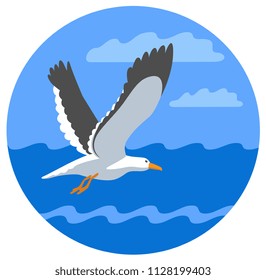 Seagull flying over the sea in round shape. Blue sea emblem. vector illustration