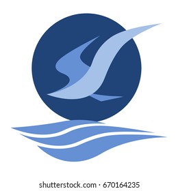 Seagull flying over sea waves, stylized bird, isolated vector logo design