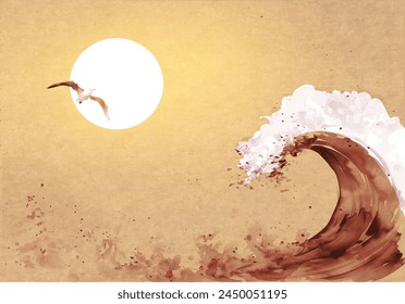 Seagull flying over a stylized wave and big sun on background.Traditional oriental ink painting sumi-e, u-sin, go-hua on vintage background.