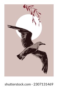 Seagull flying in the sky, vector illustration of atlantic seabird. Sea bird, seagull, ocean bird isolated on light background