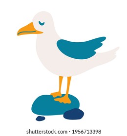 Seagull. Funny Bird Cartoon Character. Can be used for printing, like poster, children's clothing printing, graphic design printing. Vector illustration.