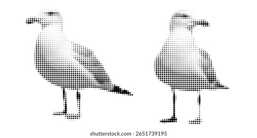 Gaivota, ilustração vetorial de meio-tom de uma gaivota voando, de pé, em estilo de revista em quadrinhos retro com textura pontilhada em negrito. Imagem em preto e branco de alto contraste isolada no plano de fundo branco. Mar estilizado,