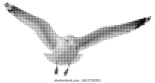 Gaivota, ilustração vetorial de meio-tom de uma gaivota voando, de pé, em estilo de revista em quadrinhos retro com textura pontilhada em negrito. Imagem em preto e branco de alto contraste isolada no plano de fundo branco. Mar estilizado,