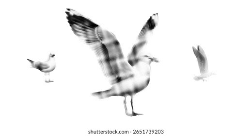 Gaivota, ilustração vetorial de meio-tom de uma gaivota voando, de pé, em estilo de revista em quadrinhos retro com textura pontilhada em negrito. Imagem em preto e branco de alto contraste isolada no plano de fundo branco. Mar estilizado,