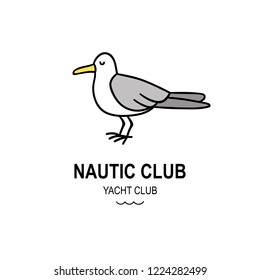 Seagull hand drawn graphic logo concept isolated on background. Simple doodle style vector icon. Travel nautic club logotype with cute bird