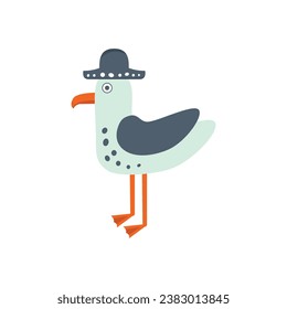 a seagull in a hat. Cute seagull in a hat. An element of fashion design, postcards. Flat illustration.