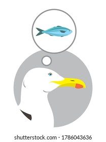Una cabeza de gaviota con fondo gris sueña con un pez. La gaviota vectorial oceánica en perfil piensa en los alimentos. Dibujo de burbujas al estilo de las historietas. Logo del barco pesquero.
