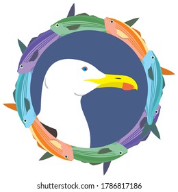 Seagull head in a wreath of sea ocean fish of different colors on a dark blue background. Circle of variegated vector fish with the profile of an oceanic gull. Fishing boat logo.