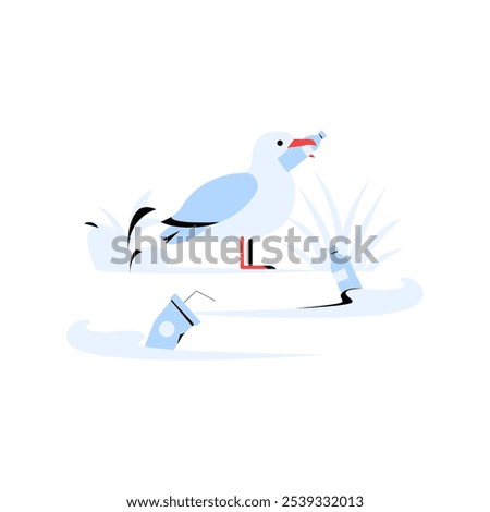 Seagull Holding Plastic Bottle Amid Litter In Pond In Flat Vector Illustration Symbolizing Environmental Pollution And Wildlife Endangerment, Isolated On White Background