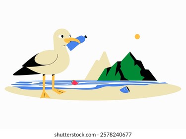 Seagull Holding Plastic Waste on Polluted Beach in Flat Vector Illustration Symbolizing Environmental Pollution, Marine Conservation, and Ocean Cleanup, Isolated on White Background